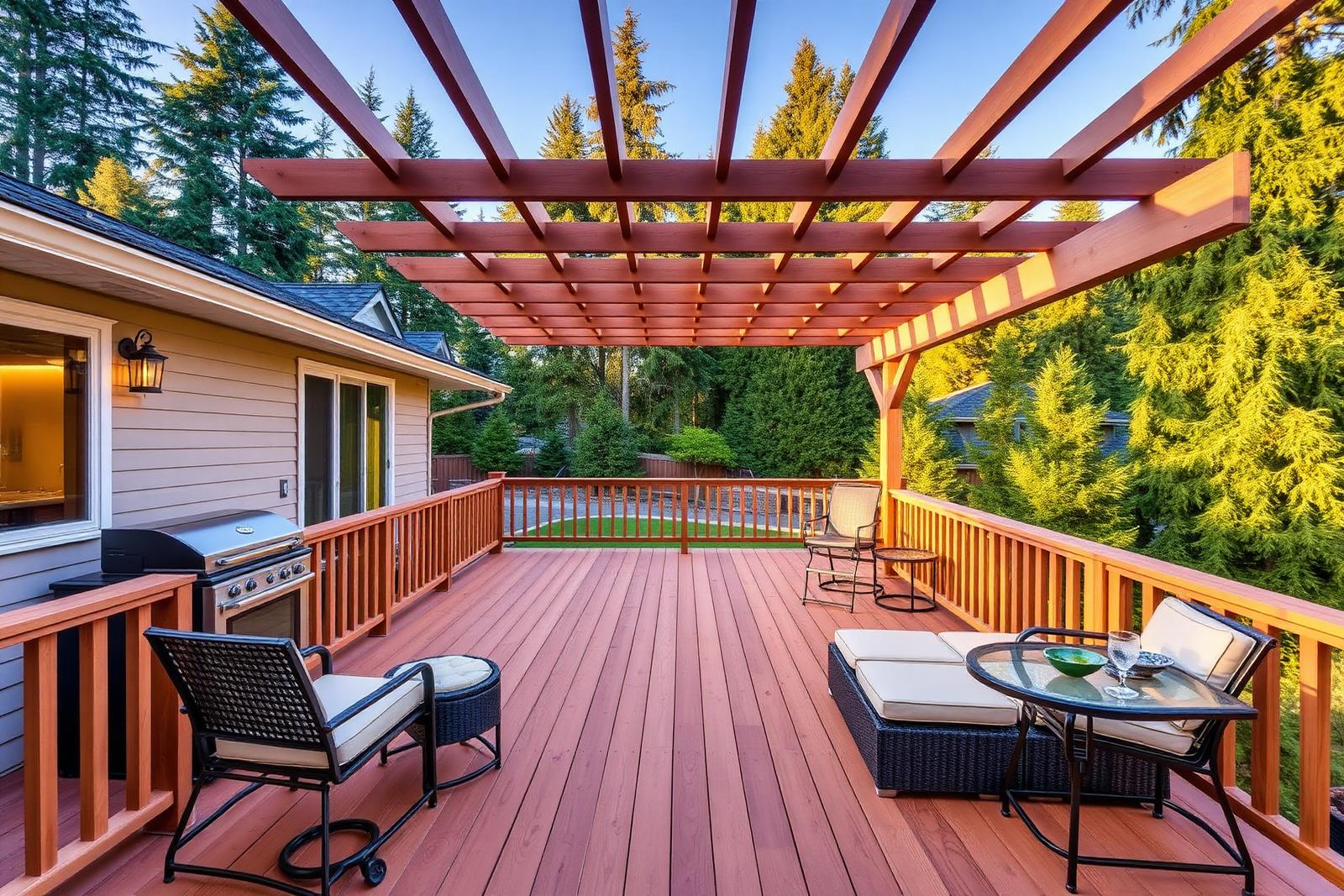 Custom cedar deck with pergola in an Oregon backyard